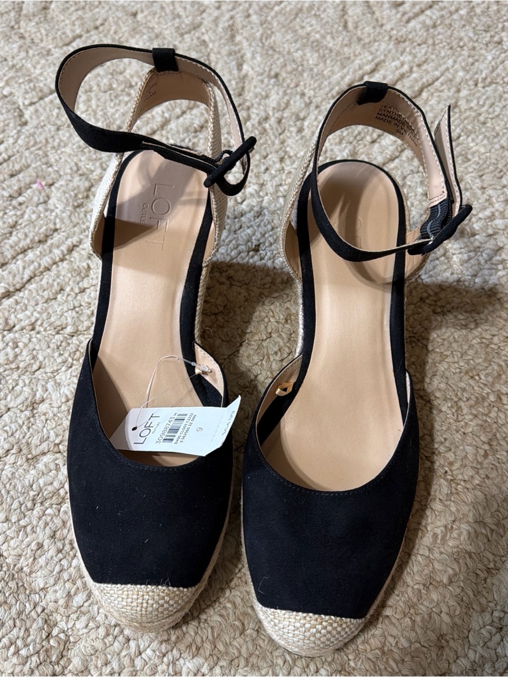 LOFT Black Espadrille Ankle-Strap Wedge with Jute Toe